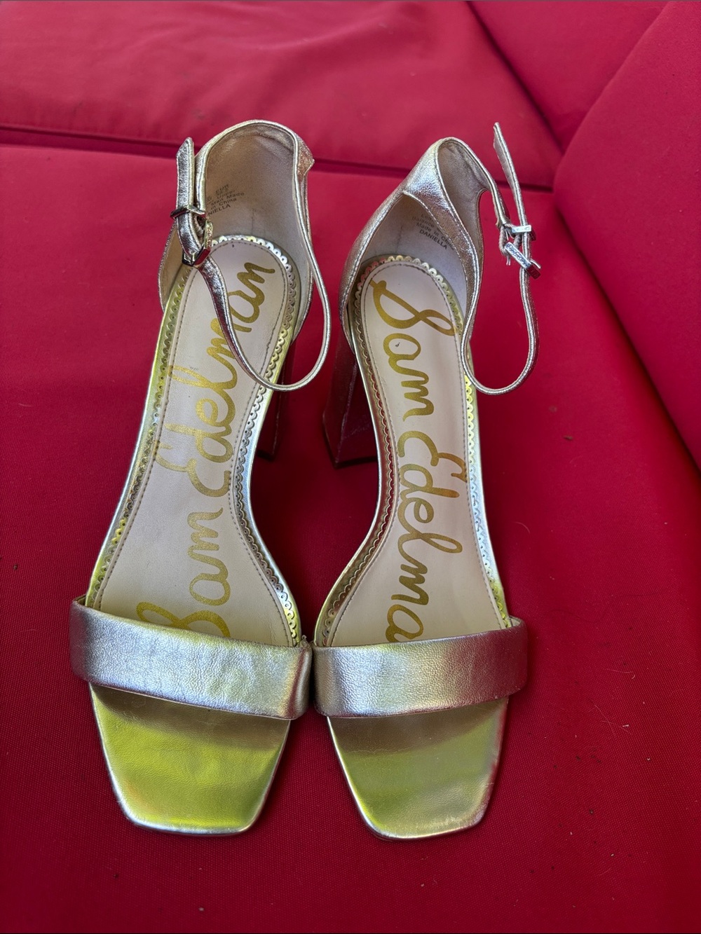 Sam Edelman Gold Metallic Ankle-Strap Block Heels size 8.5